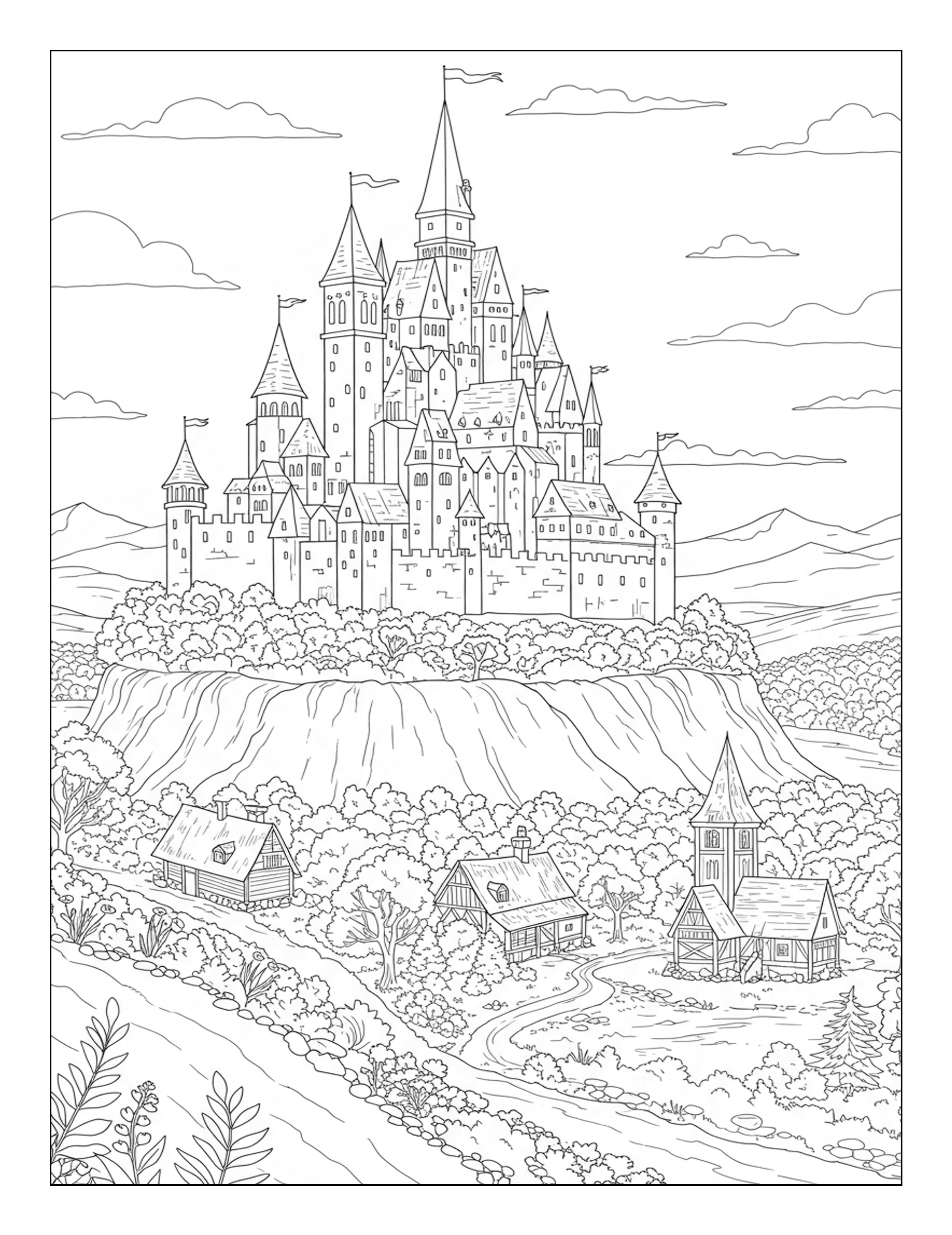 Interior page of a Medieval Adventures coloring book.