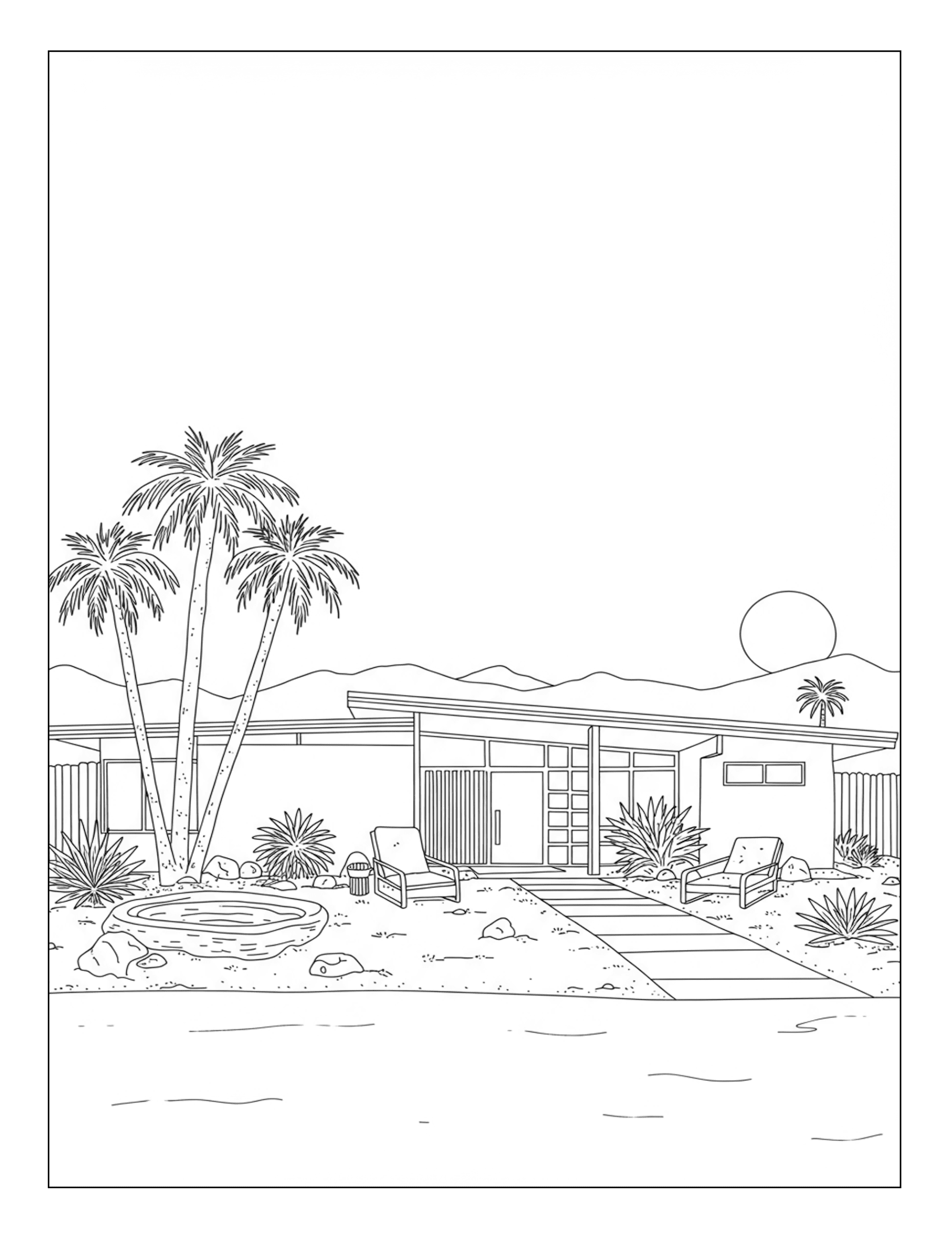 Interior page of a Mid-Century Houses coloring book.