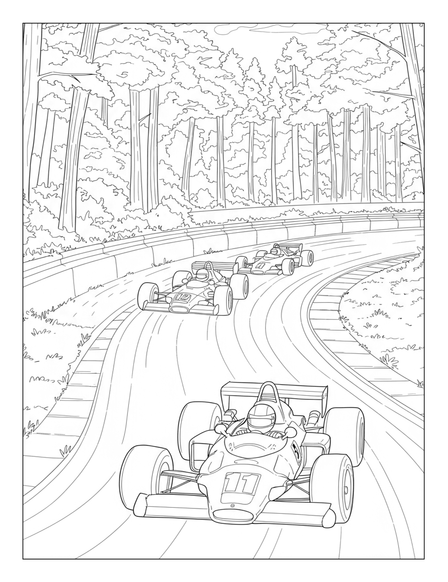 Interior page of a Vintage Race Cars coloring book.