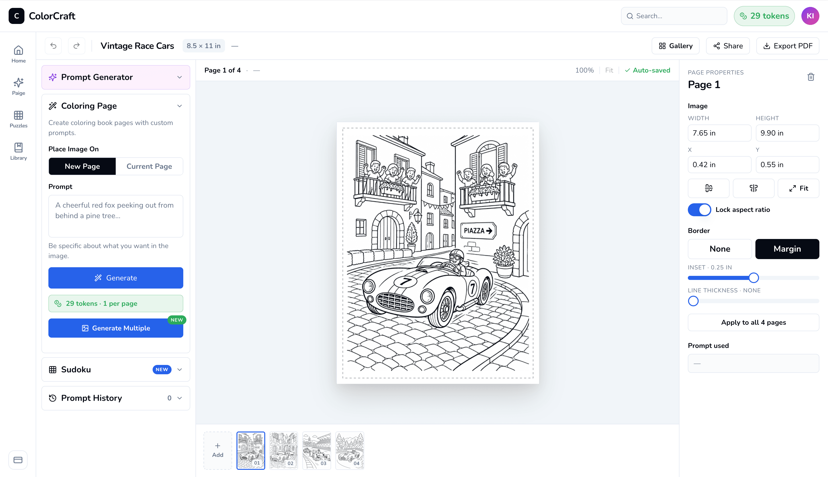 ColorCraft editor showing a low-content publishing project: prompt panel on the left, generated coloring page on canvas, page properties on the right, and a multi-page thumbnail strip below.