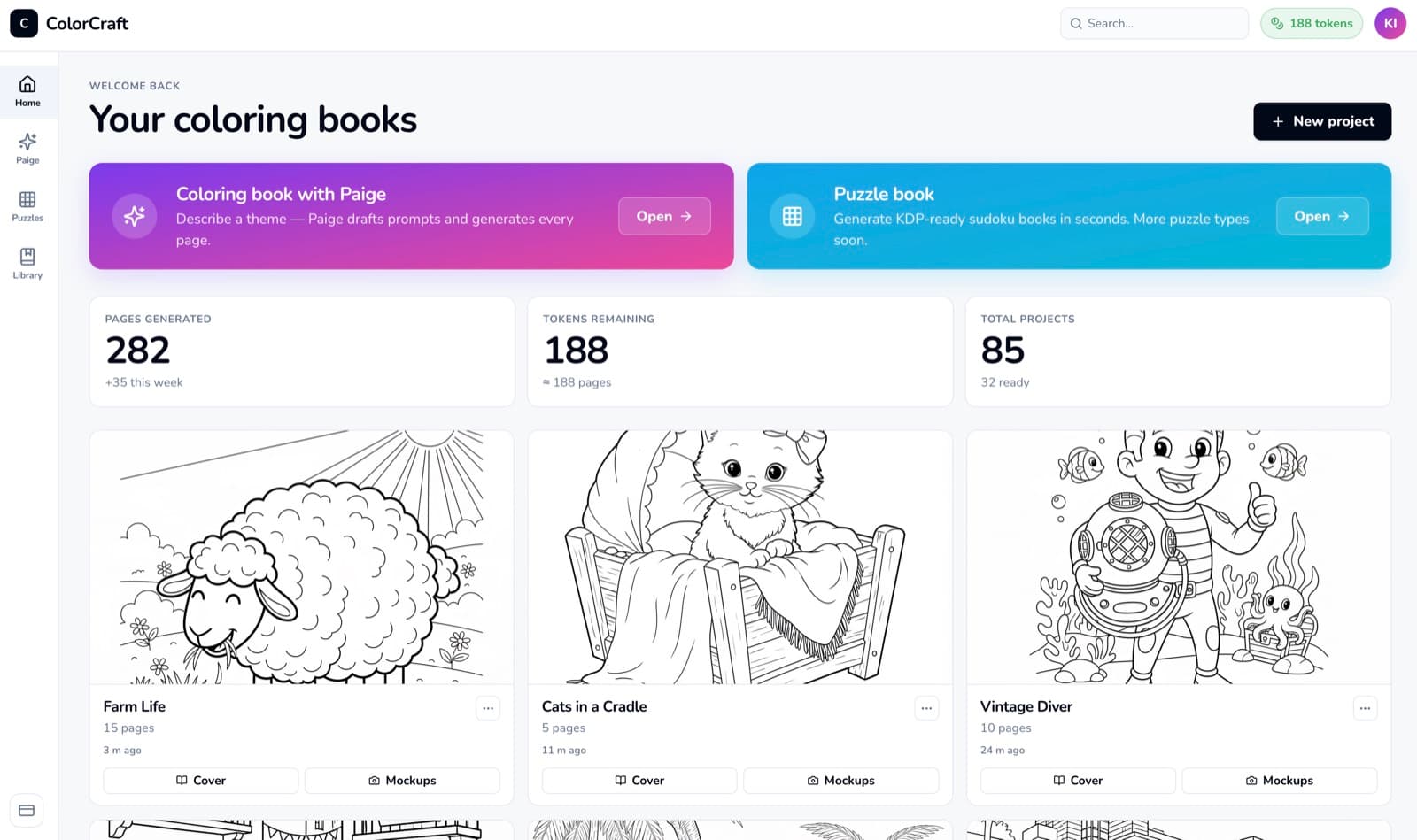 ColorCraft dashboard listing several KDP coloring-book projects with quick-jump actions to the editor, cover, and mockup workbench.