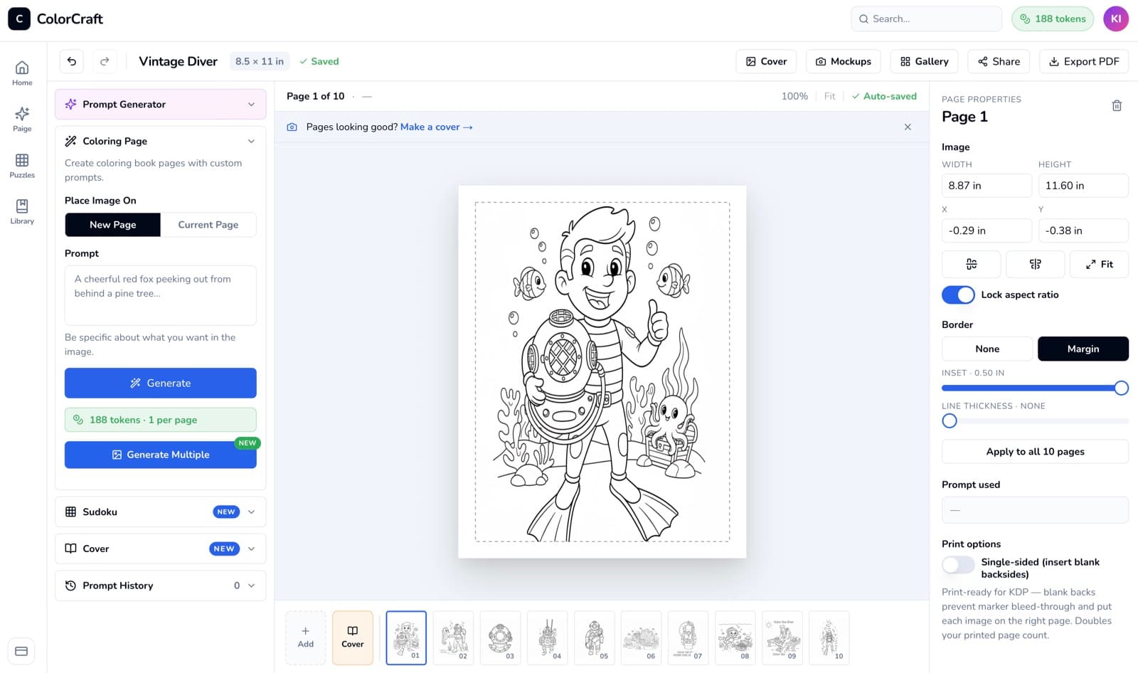 ColorCraft coloring-book editor: prompt panel on the left, generated page on canvas, page-properties controls on the right.