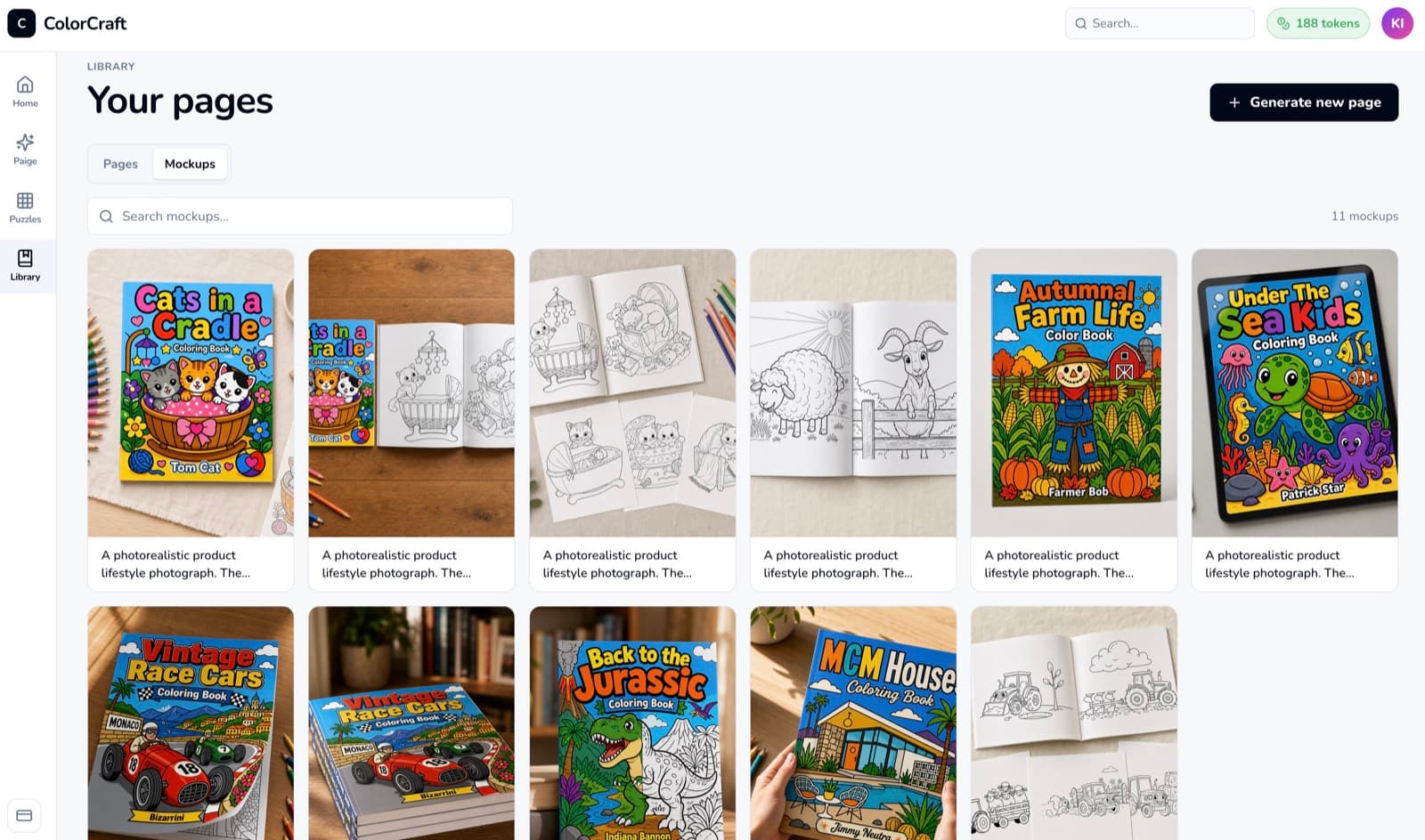 ColorCraft library showing past mockup renders for a KDP project, organized as a grid.