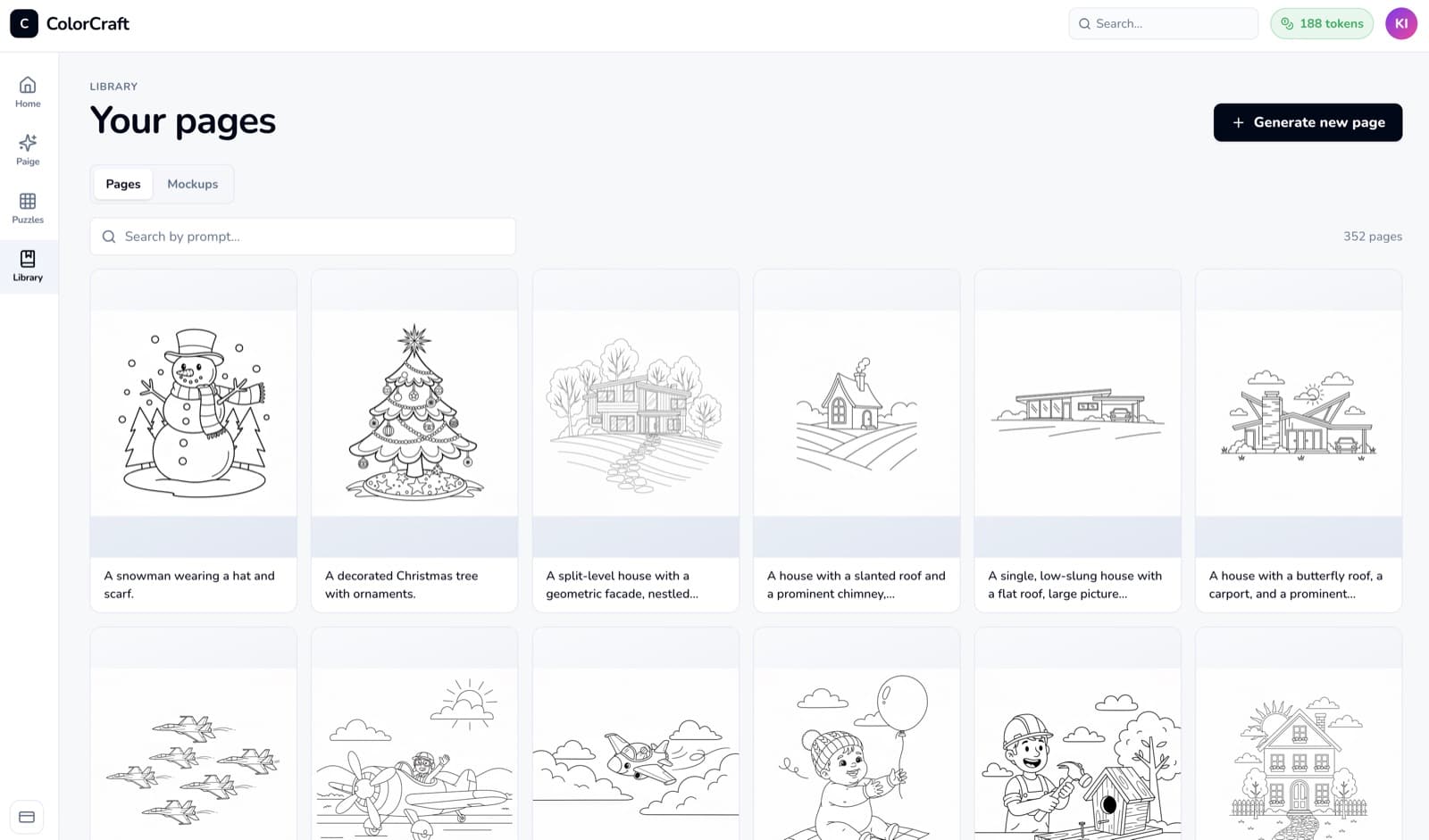 ColorCraft library showing past coloring pages organized as a thumbnail grid.