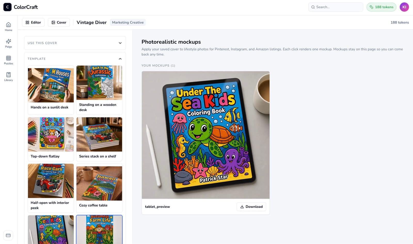 ColorCraft Marketing Creative workbench: template grid on the left, a generated lifestyle mockup on the right.