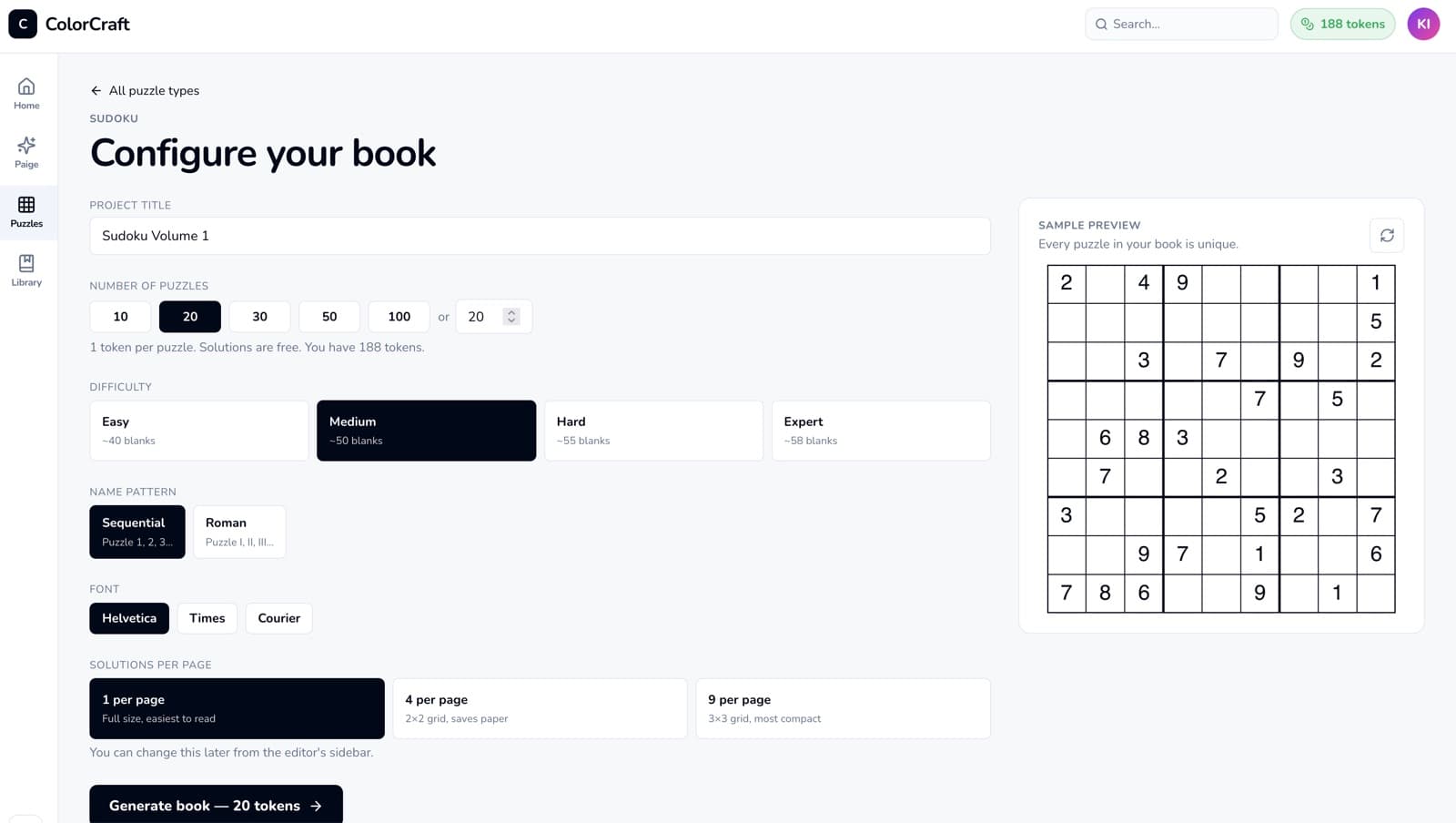 ColorCraft Sudoku builder: difficulty + count controls on the left, trim-correct puzzle preview on the right.