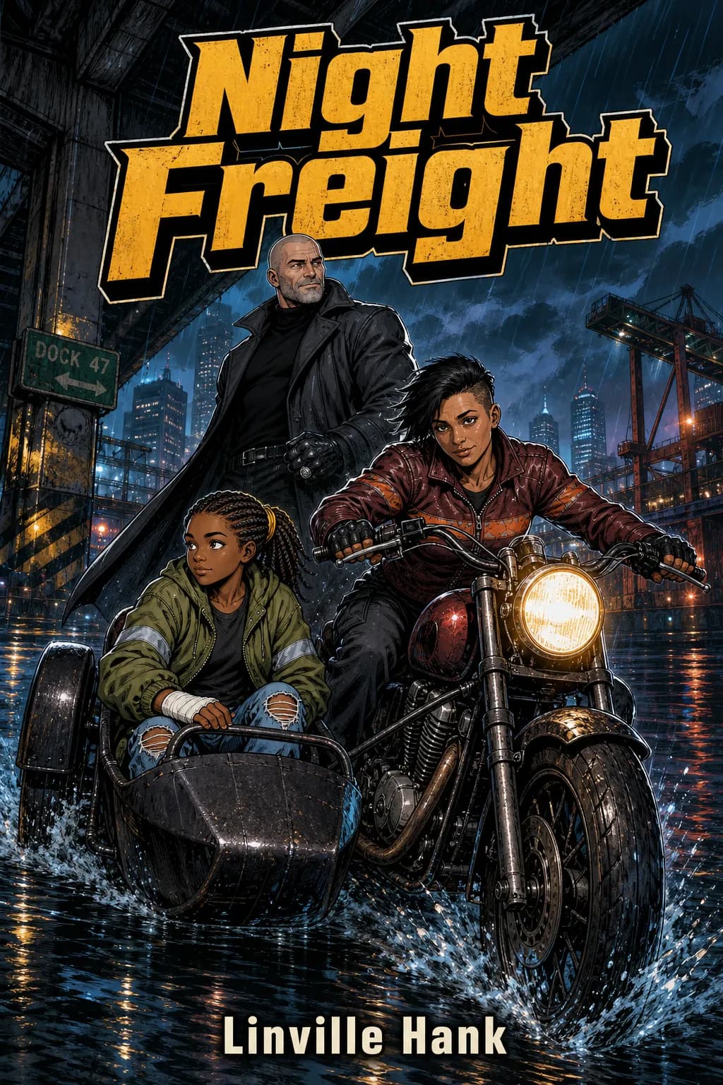Comic book cover for “Night Freight”: a courier on a motorcycle with a girl in its sidecar races through a flooded, rain-lit harbour city, an enforcer in a black coat behind them, the title in gold comic lettering.