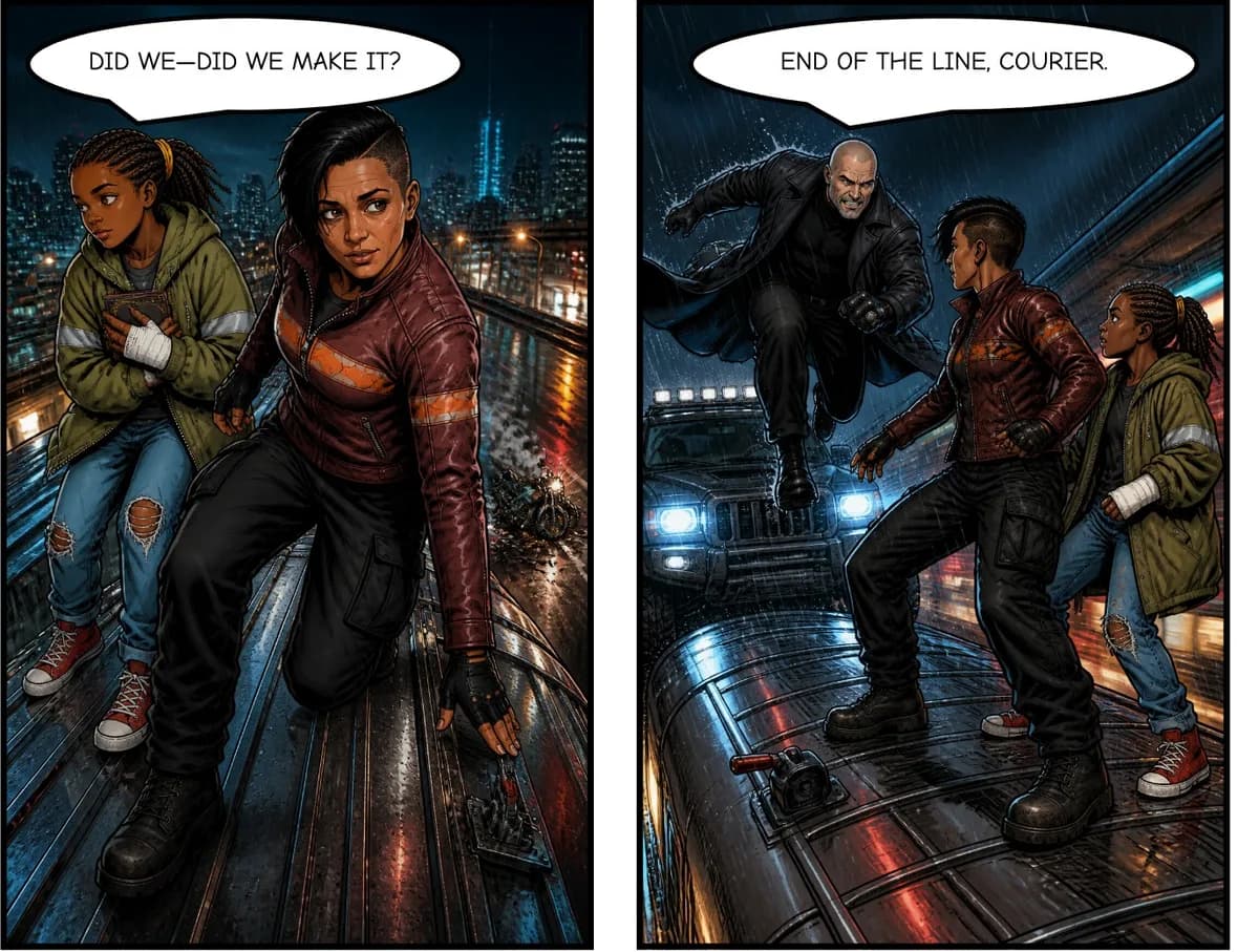 Two comic panels on a rain-soaked tram roof: the girl's balloon reads “Did we—did we make it?” and the enforcer's reads “End of the line, courier.”, each tail pointing at its speaker.