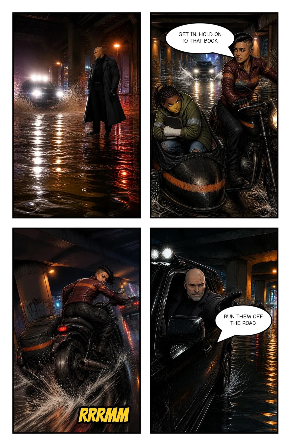 Comic page: the enforcer’s black SUV lights up a flooded underpass as the courier guns her motorcycle, the girl hiding in the sidecar.