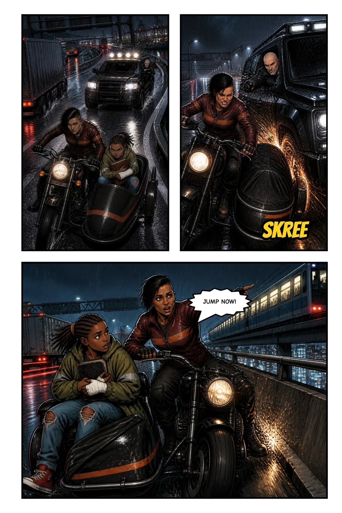 Comic page: a black SUV rams a motorcycle and sidecar on a rain-soaked elevated highway as the courier shouts “Jump now!”.