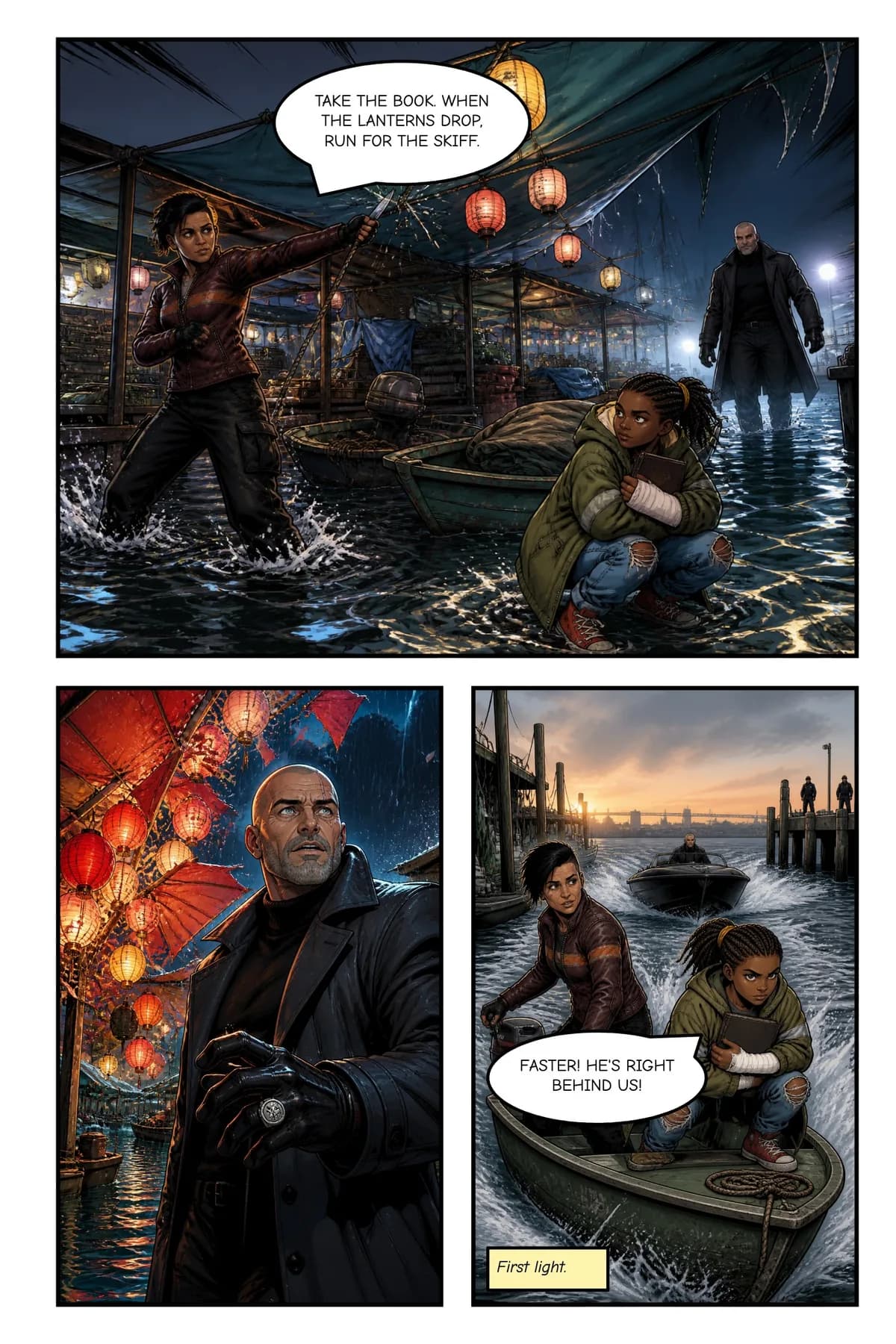 Comic page: lanterns rain down on the enforcer in a flooded night market as the pair escape across the harbour in a skiff at first light.