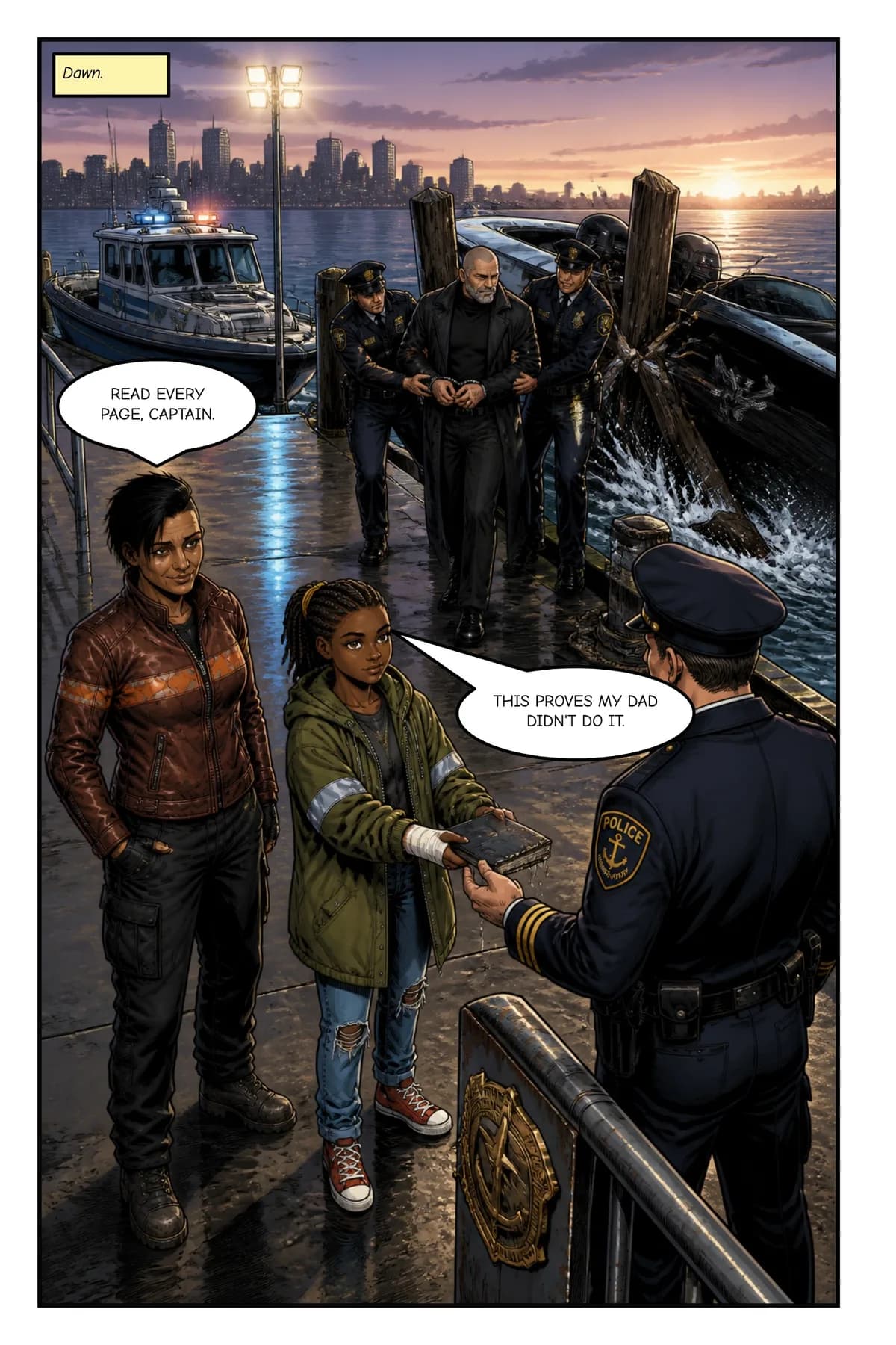 A full-page splash at dawn: police lead the enforcer away in handcuffs while the girl hands the ledger to a police captain.