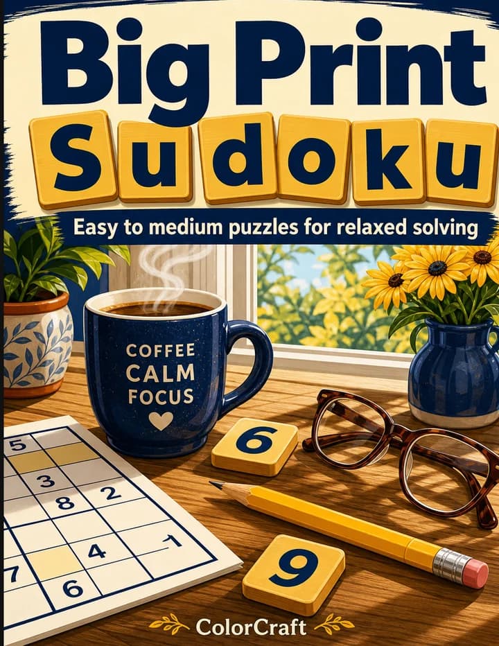 Front cover of Big Print Sudoku: a mug of coffee, a pencil and reading glasses on a sunny kitchen table with oversized number tiles.