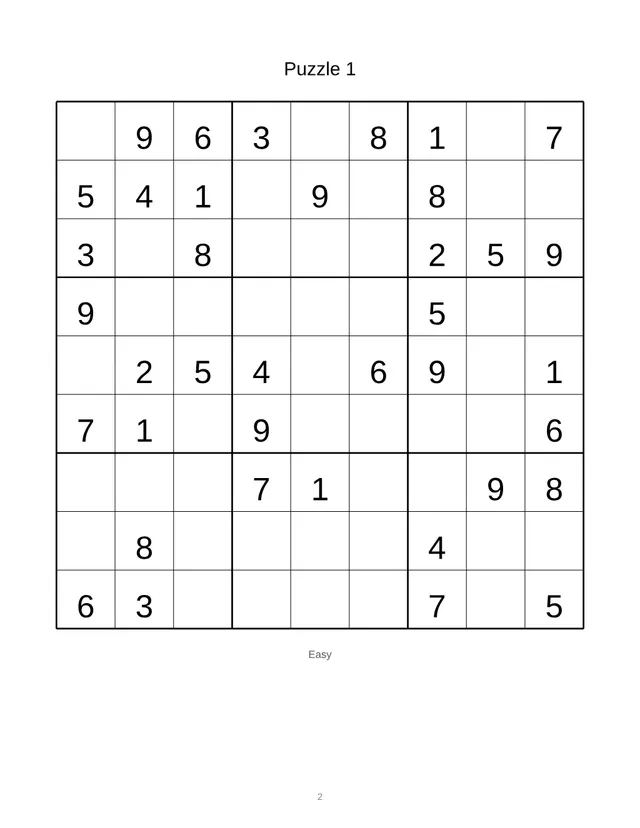 Puzzle page: a large-print easy sudoku grid, Puzzle 1.