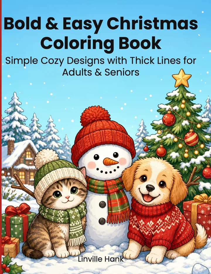 Front cover of Bold & Easy Christmas Coloring Book: a snowman between a kitten and a puppy in knitted hats and scarves.
