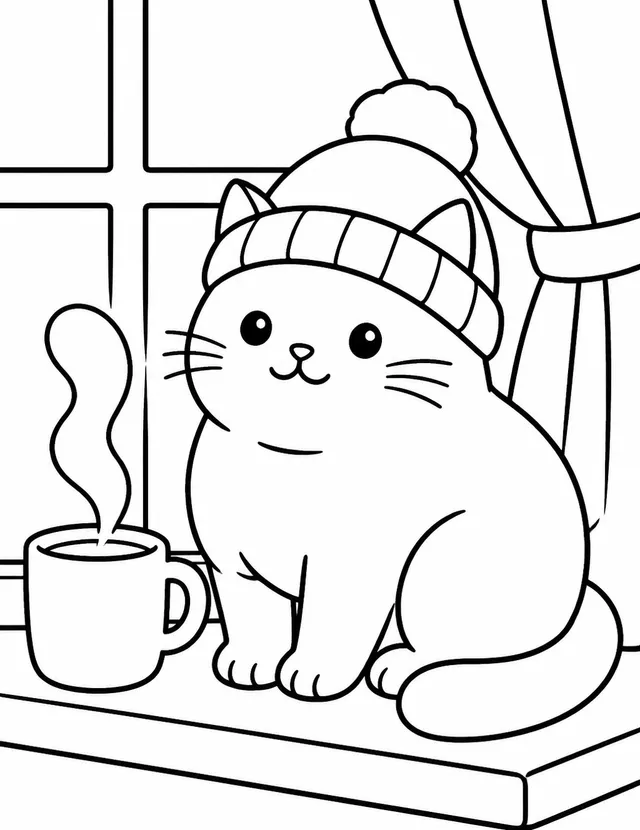 Bold-line coloring page: a cat in a bobble hat sitting on a windowsill next to a steaming mug.
