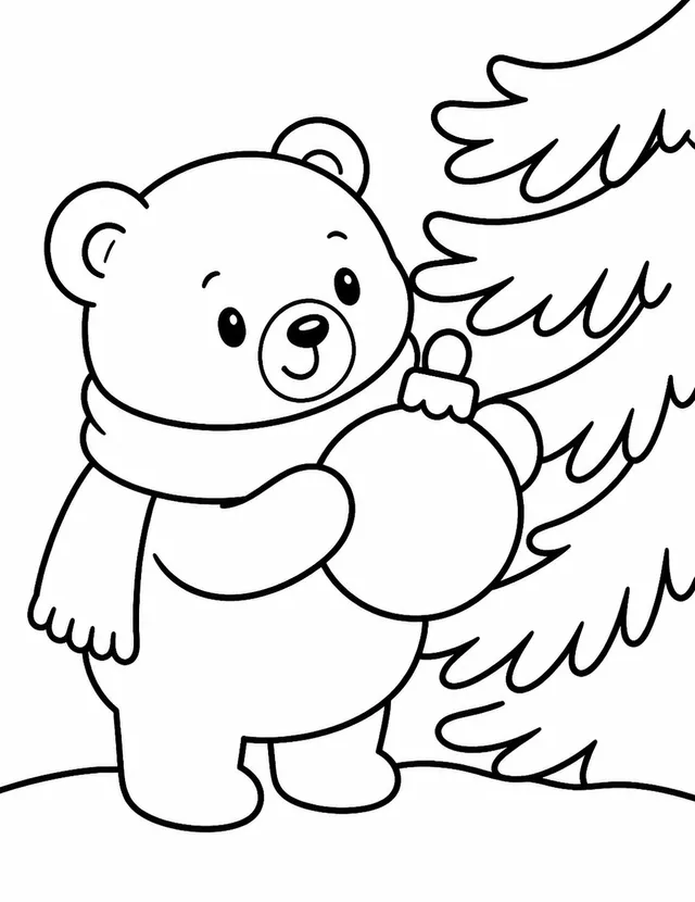 Bold-line coloring page: a bear in a scarf holding a Christmas ornament.