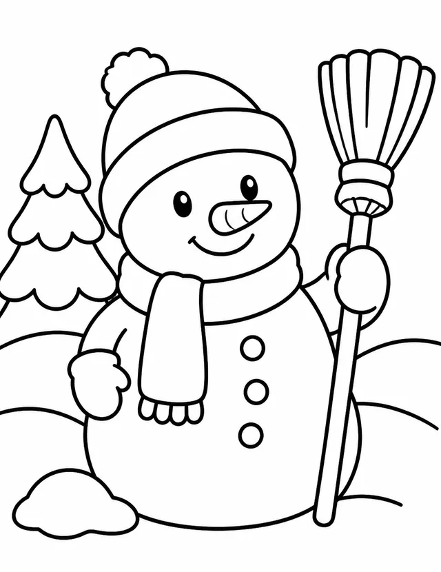 Bold-line coloring page: a snowman holding a broom beside a small pine tree.
