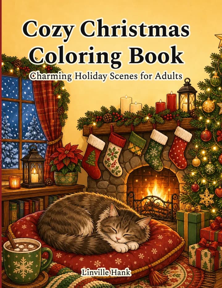 Front cover of Cozy Christmas Coloring Book: a tabby cat asleep on a cushion by a fireplace hung with stockings, a Christmas tree and a mug of cocoa.