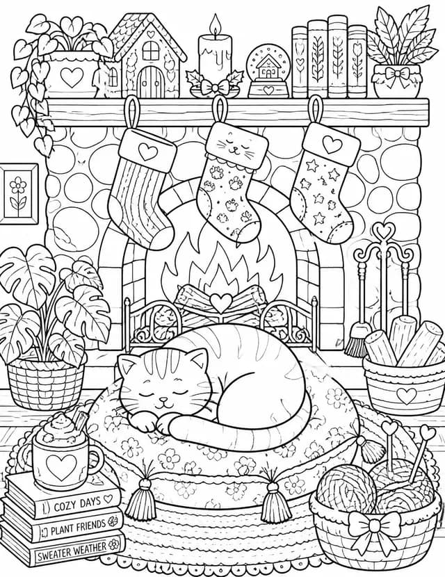 Coloring page: a cat curled up asleep in front of a fireplace with knitted stockings.