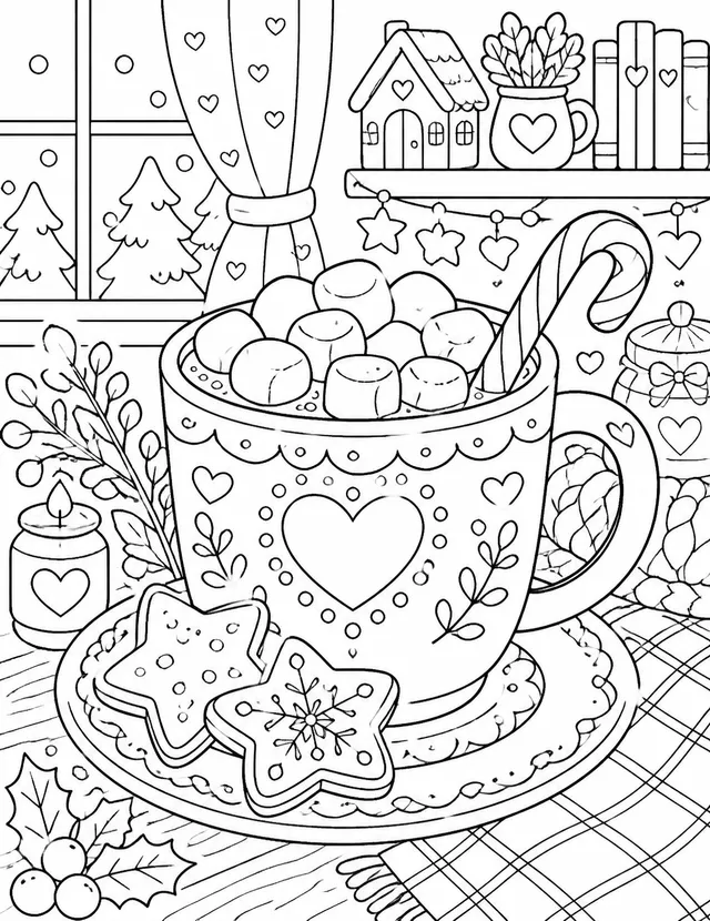 Coloring page: a mug of hot cocoa with marshmallows, a candy cane and star cookies.