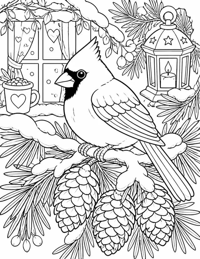 Coloring page: a cardinal perched on a snowy pine branch beside a lantern.