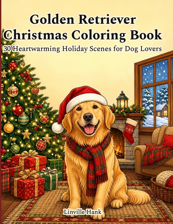 Front cover of Golden Retriever Christmas Coloring Book: a golden retriever in a Santa hat and plaid scarf beside a decorated tree.