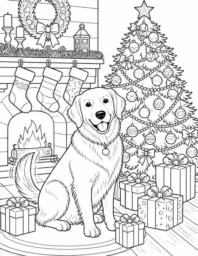 Coloring page: a golden retriever sitting by a fireplace and a decorated Christmas tree.
