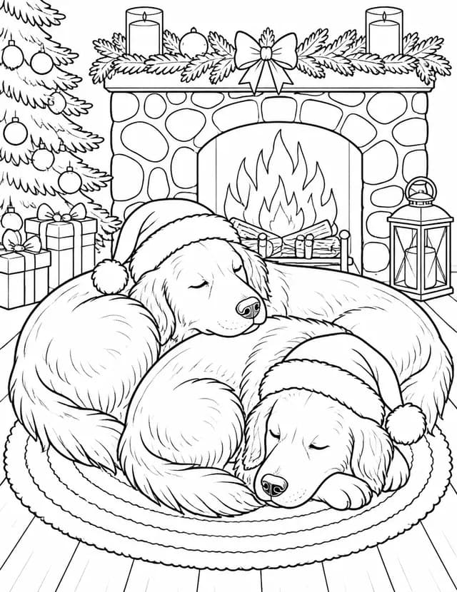 Coloring page: two golden retrievers in Santa hats asleep on a rug by the fire.