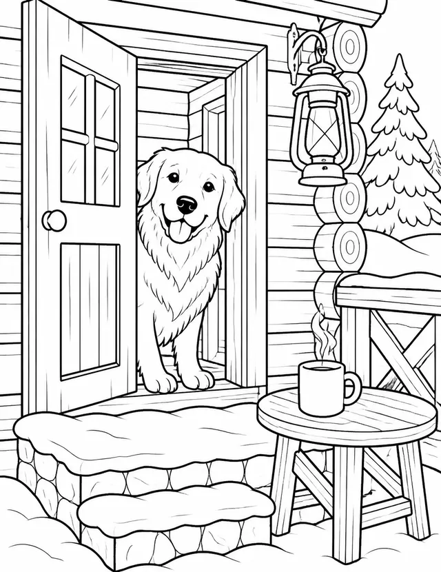 Coloring page: a golden retriever standing in the doorway of a snowy log cabin.