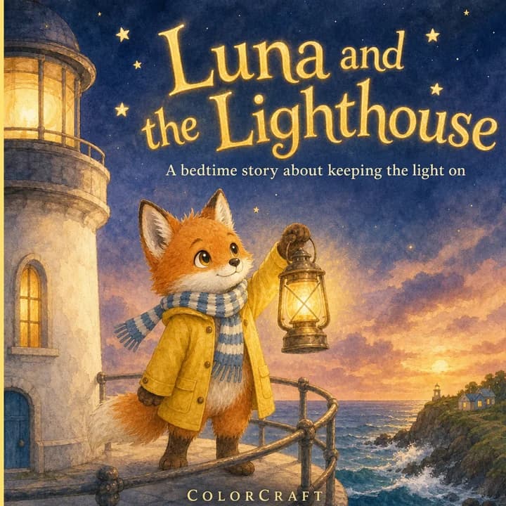 Front cover of Luna and the Lighthouse: a small fox cub in a yellow raincoat holding a lantern up on a lighthouse gallery at dusk, waves below.