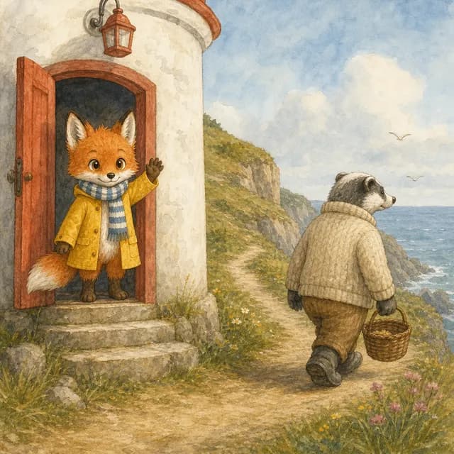 Storybook page: Luna the fox waves goodbye from the lighthouse doorway as the old badger keeper walks off along the cliff path.