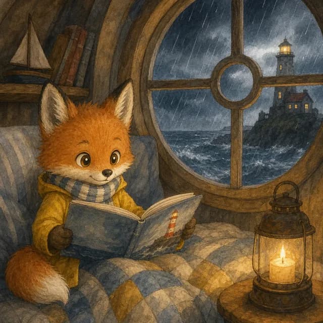 Storybook page: Luna reads by candlelight in a round lighthouse bedroom while rain streaks the window.