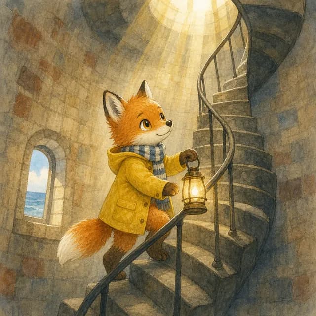 Storybook page: Luna climbs the lighthouse spiral staircase, lantern in hand.
