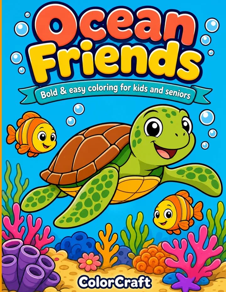 Front cover of Ocean Friends: a smiling cartoon sea turtle swimming over a coral reef with two small fish and bubbles.