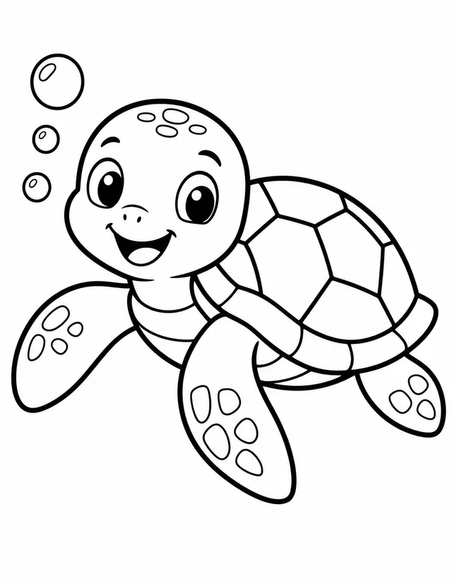 Bold-line coloring page: a smiling sea turtle with three bubbles.