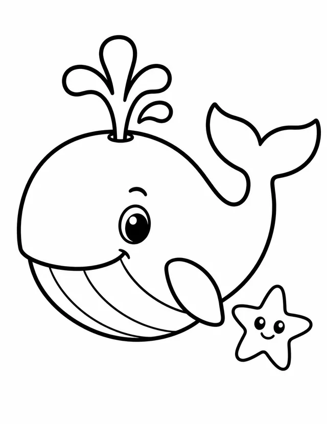 Bold-line coloring page: a friendly whale spouting water beside a small fish.