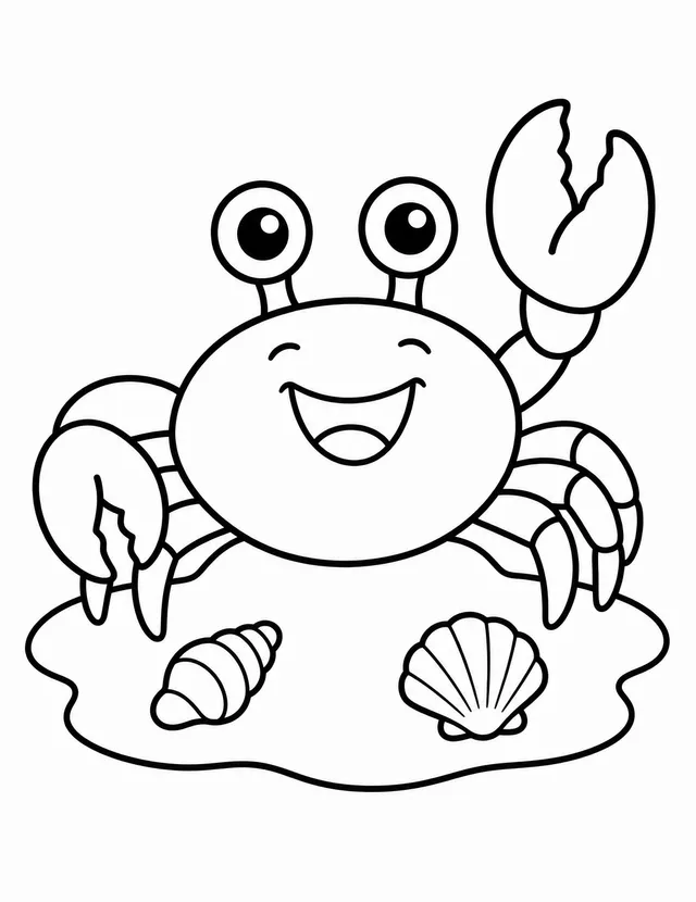 Bold-line coloring page: a happy crab waving a claw on the sand with two seashells.