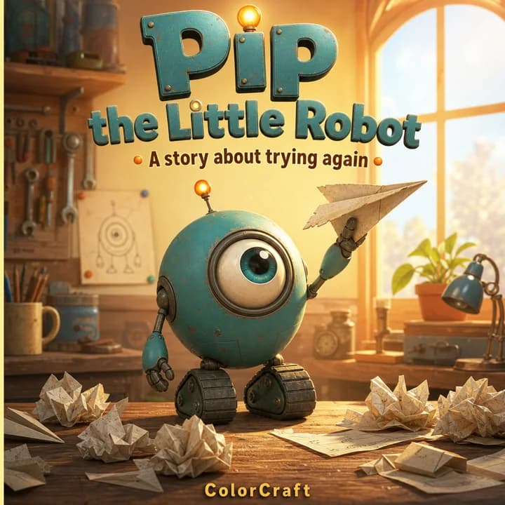 Front cover of Pip the Little Robot: a small round teal robot with one big eye holding up a lopsided paper airplane on a workshop bench.
