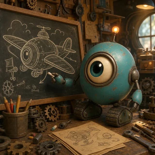 Storybook page: Pip sketches a flying machine on a chalkboard in a cluttered workshop.