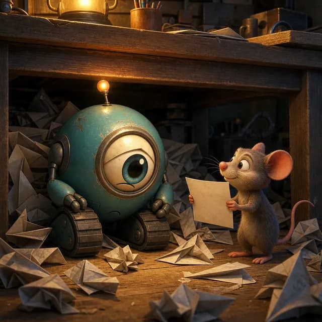 Storybook page: Pip sits among crumpled paper airplanes while a mouse offers a fresh sheet.
