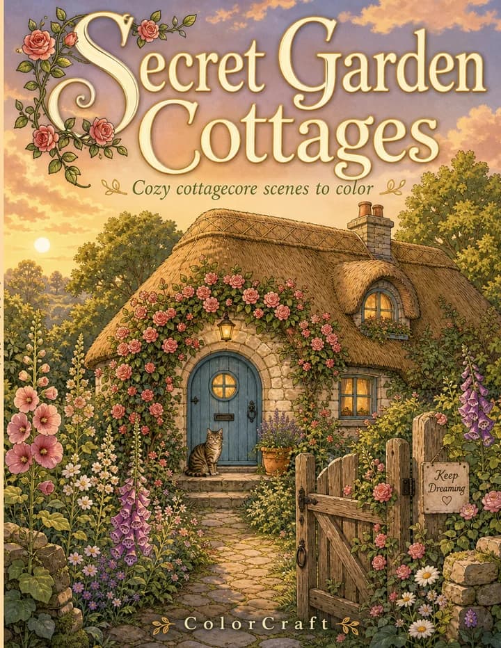 Front cover of Secret Garden Cottages: a thatched stone cottage with a round blue door, climbing roses, hollyhocks and a tabby cat on the doorstep.