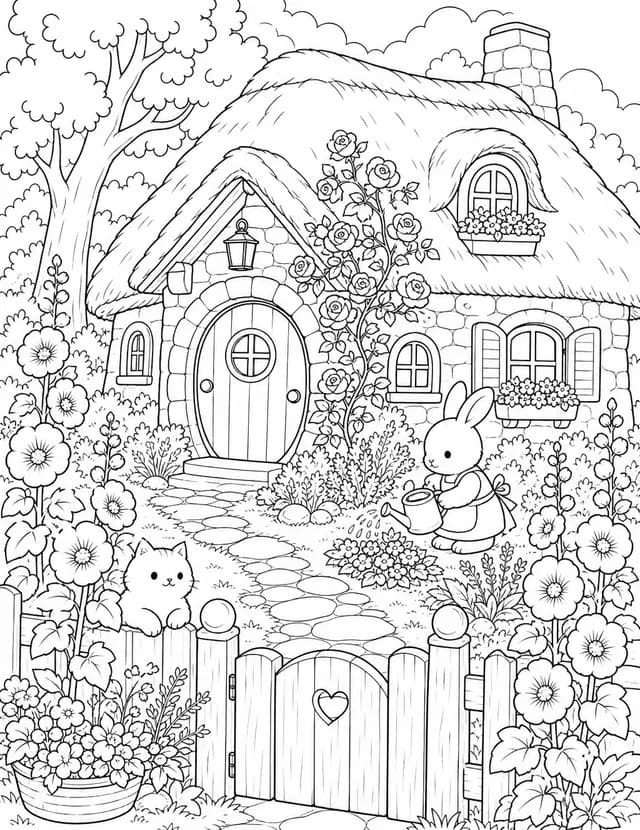 Coloring page: a thatched cottage with a round front door, climbing roses, a stone path and a garden gate.