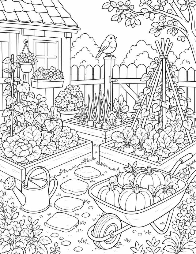 Coloring page: a kitchen garden with raised beds, a watering can and a wheelbarrow of pumpkins.