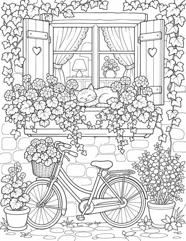 Coloring page: a window box of geraniums with a cat asleep on the sill and a bicycle below.