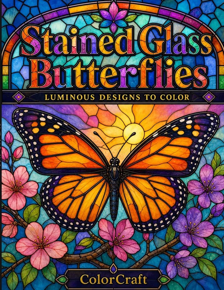 Front cover of Stained Glass Butterflies: a monarch butterfly on a flowering branch drawn as a leaded stained-glass window in amber, violet and teal.