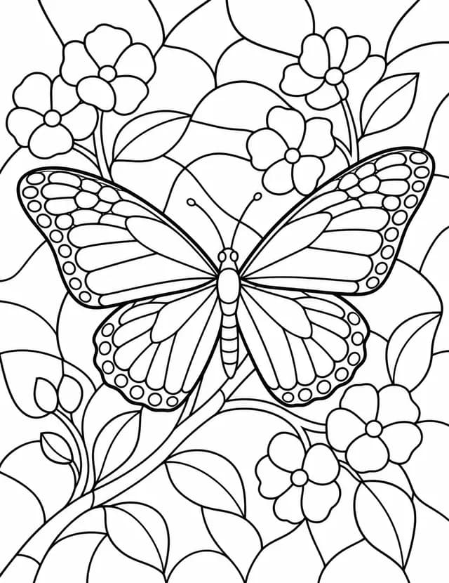 Stained-glass coloring page: a monarch butterfly with open wings on a flowering branch.