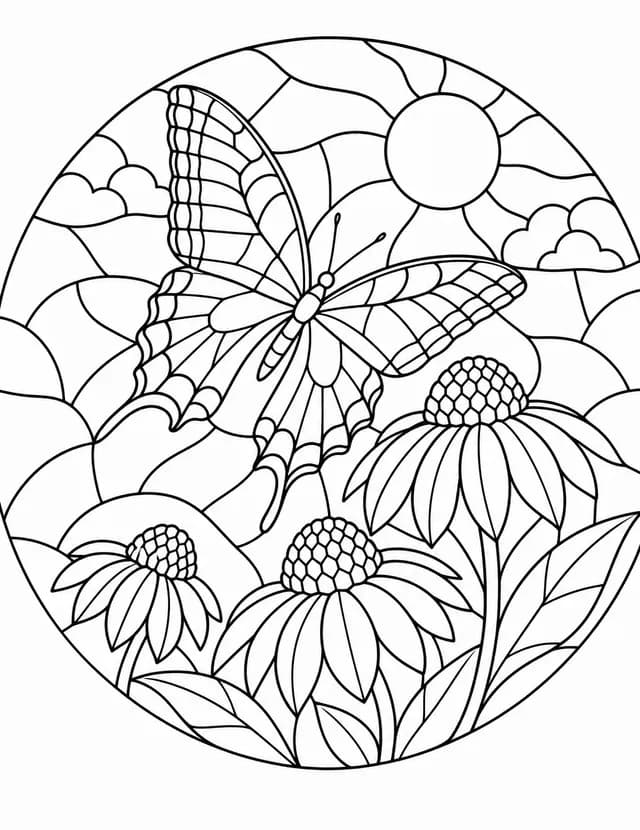 Stained-glass coloring page: a swallowtail butterfly over coneflowers in a round window.