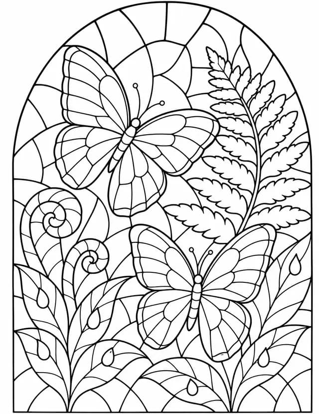 Stained-glass coloring page: two morpho butterflies among ferns in a tall arched window.