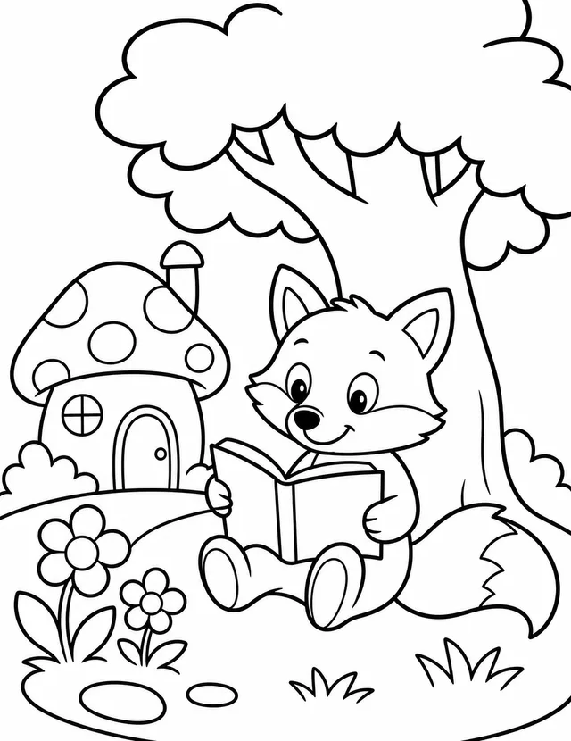 Kids Coloring Book coloring page: a fox reading a book under a big oak tree, with a little mushroom house and flowers nearby